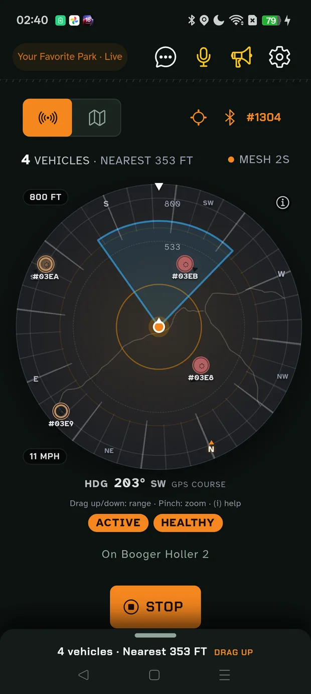 The HeadzUp radar on a phone: faint trail lines drawn on the dish under the vehicle dots, so a dot reads as on your trail or on the next one over.