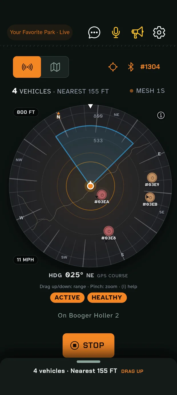 The HeadzUp radar: your vehicle at the centre and other vehicles around you over faint trail lines.